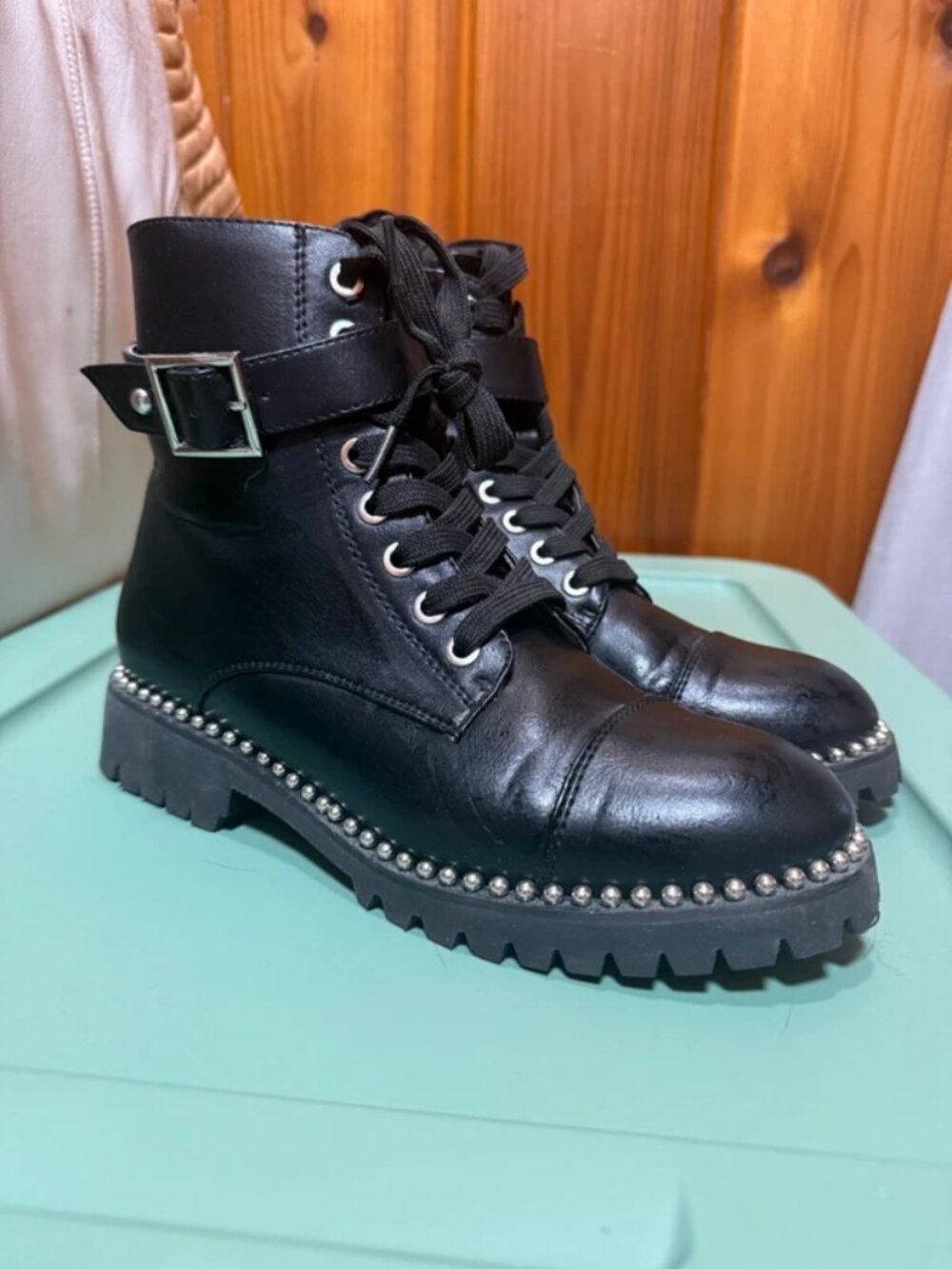Black Studded Chunky Combat Boots with Buckles